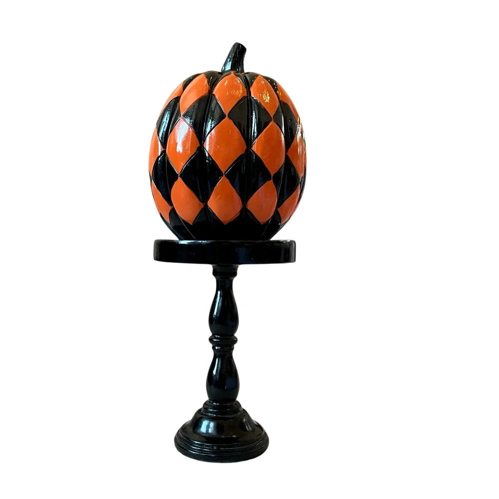 Black & Orange Checkered Pumpkin On Pedestal 13.5in Resin Halloween Decor NEW